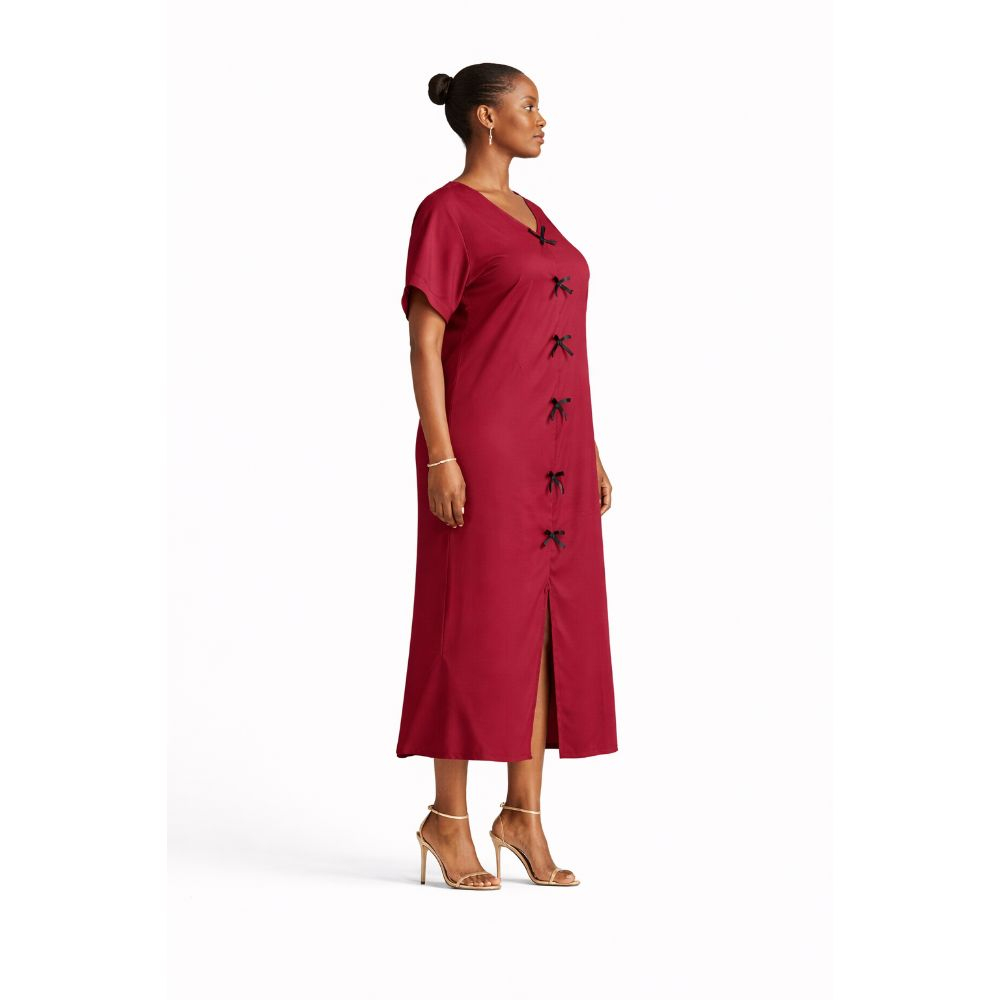 Wine Red Kaftan Dress with Front Bow Tie Detail